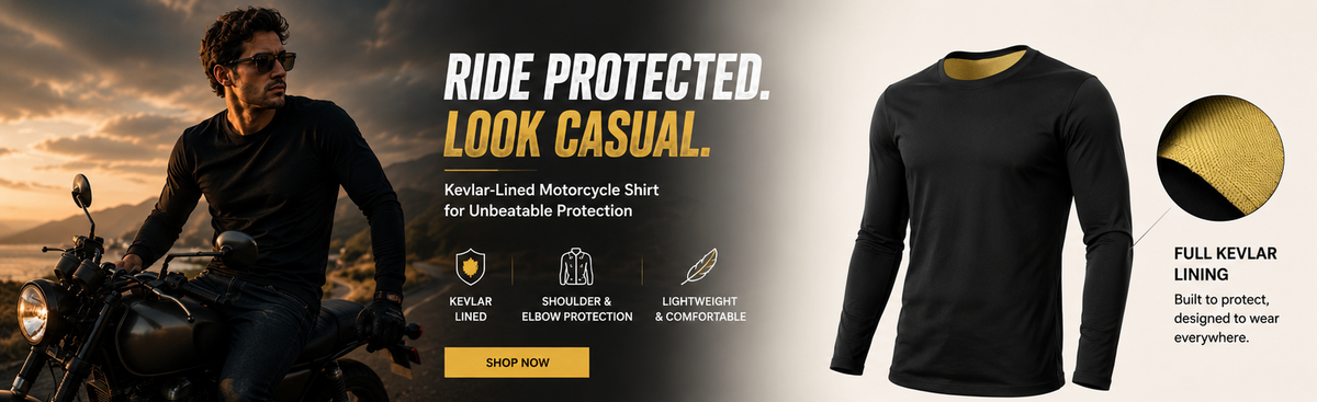 Promotional banner for a black long-sleeve motorcycle shirt, featuring a model on a motorcycle, a flat product view of the shirt, and text highlighting features like full kevlar lining and casual riding style.