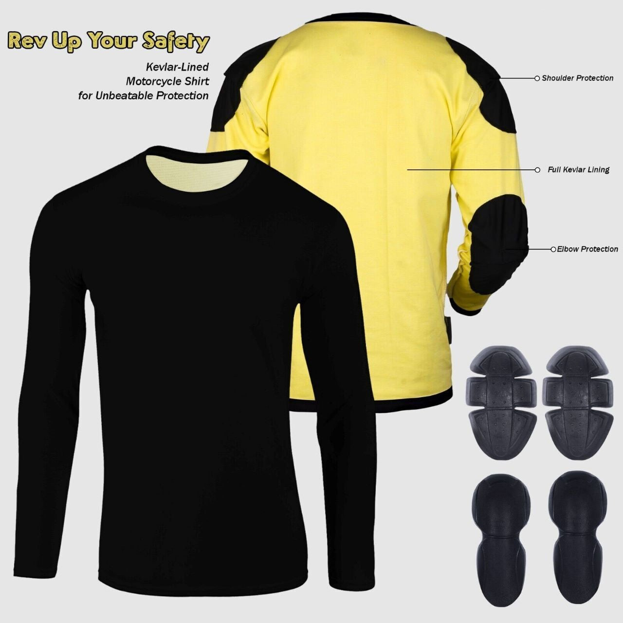 mens black kevlar motorcycle shirt slim fit front and inside kevlar lining view. RideGuard.